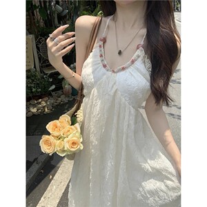 【】洛月花神~纯欲风露背挂脖吊带裙印花雪纺海边连衣裙优雅