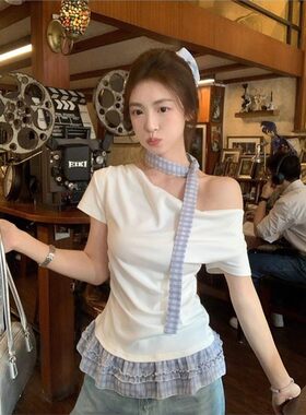 韩系灰色假两件格子拼接