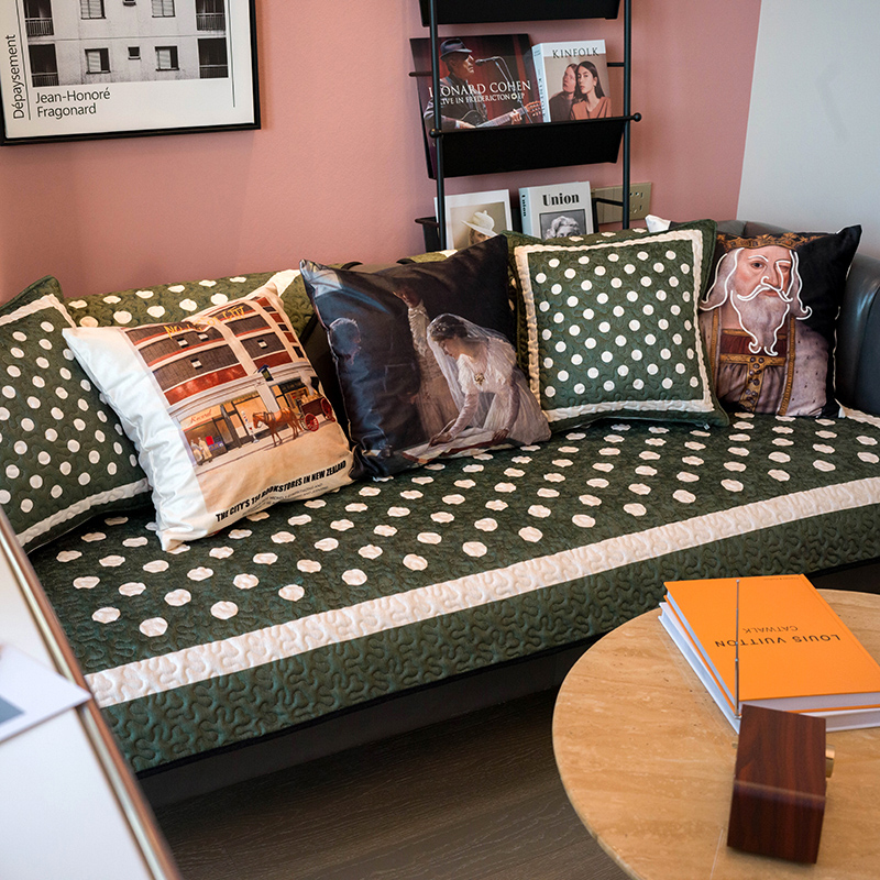 复古墨绿波点设计沙发垫北欧风加厚毛绒沙发坐垫四季通用沙发盖巾