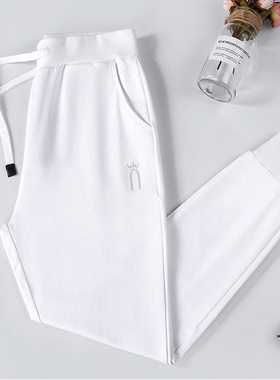 2022年新款小个子运动休闲裤女春秋常规白色纯棉宽松束脚九分卫裤