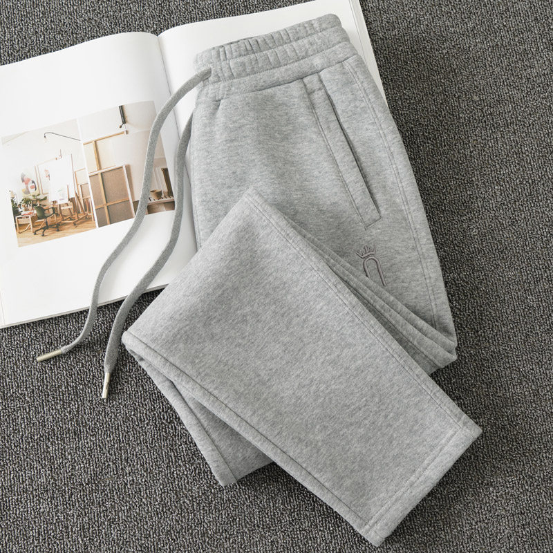 高品质2024年春秋季新款女士浅灰色直筒运动裤宽松加绒加厚休闲裤 - 安又希外贸服饰出品