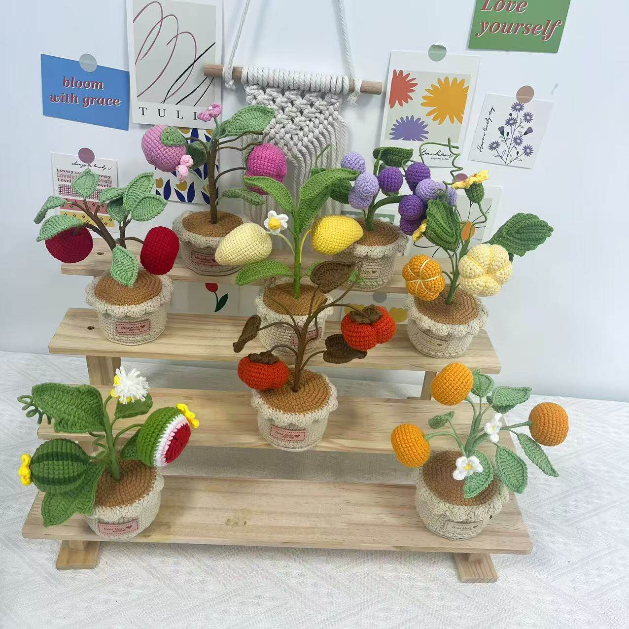 成品手工钩织毛线花盆栽家居摆件水果挂件毛线针织花创意节日摆件