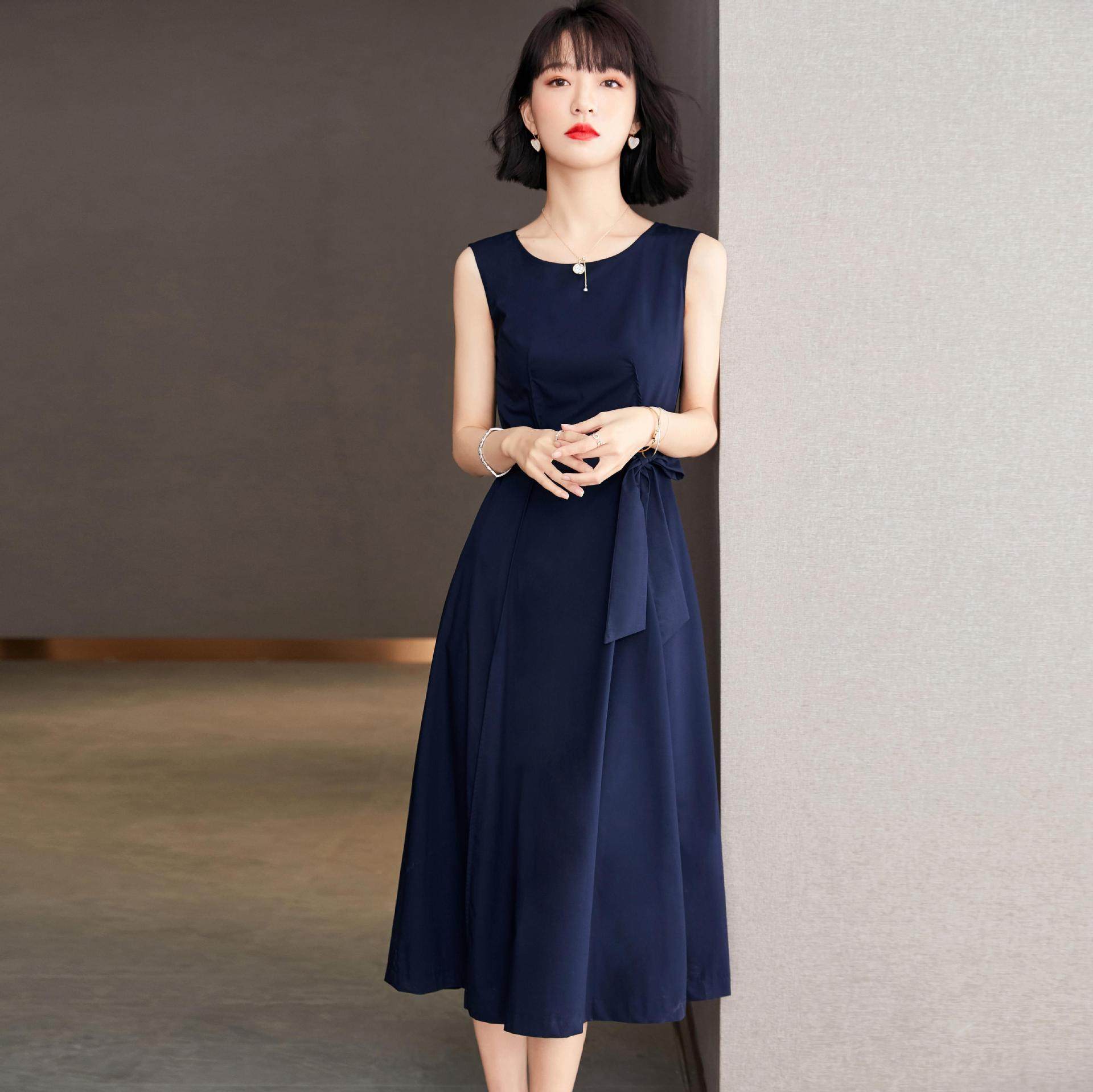 MEGA梅戛竹纤维无袖连衣裙女2022年夏收腰显瘦绑带雪纺藏青中长裙