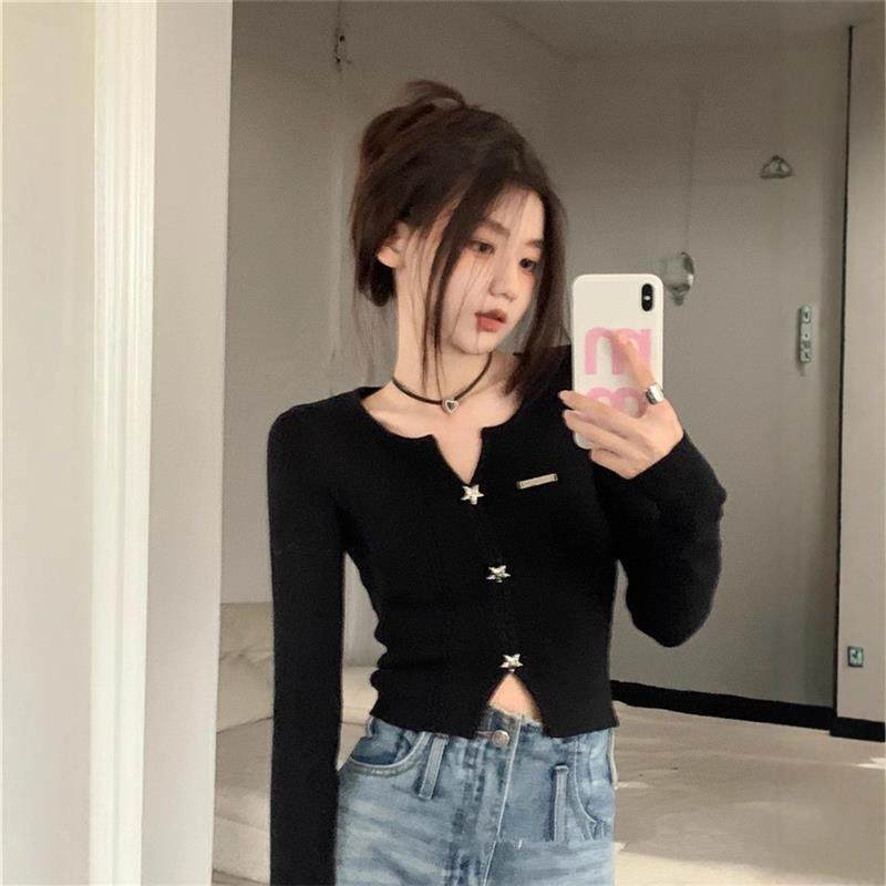 黑色v领针织开衫女春季新款打底衫设计感小众修身短款长袖上衣服