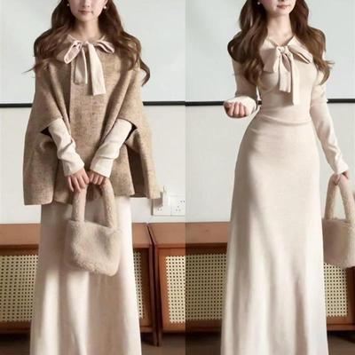 巨好看斗篷针织连衣裙女秋冬2025新款富家千金风韩系穿搭套装长裙