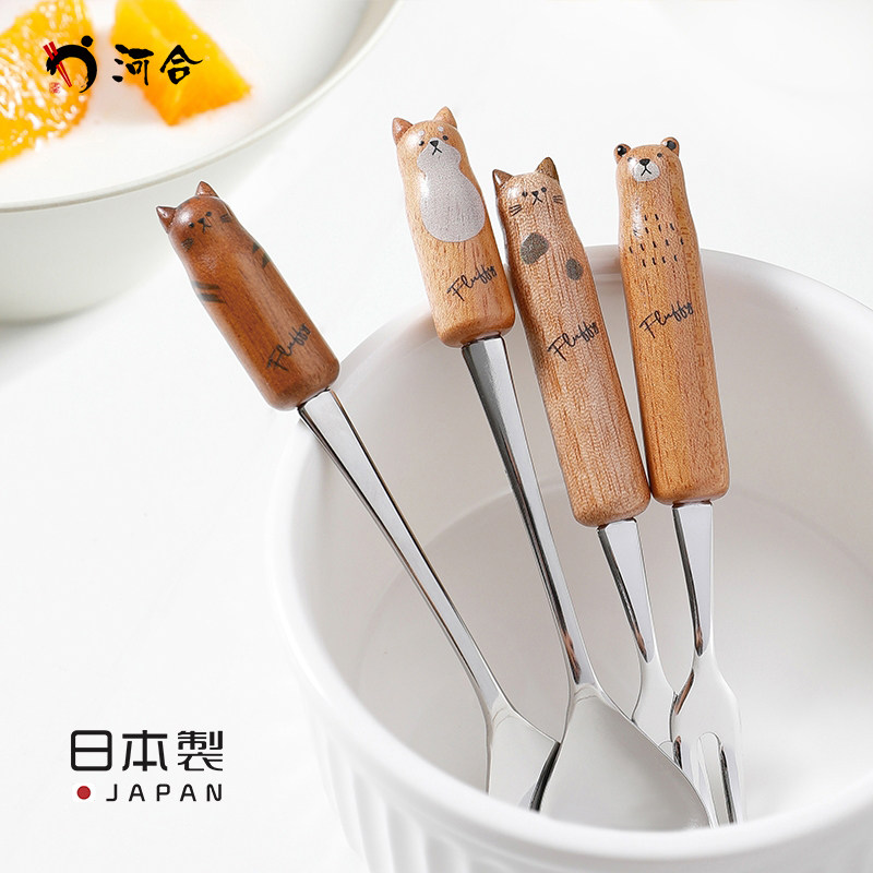 日本进口河合kawai可爱卡通头像长柄咖啡勺水果叉家用甜点叉子