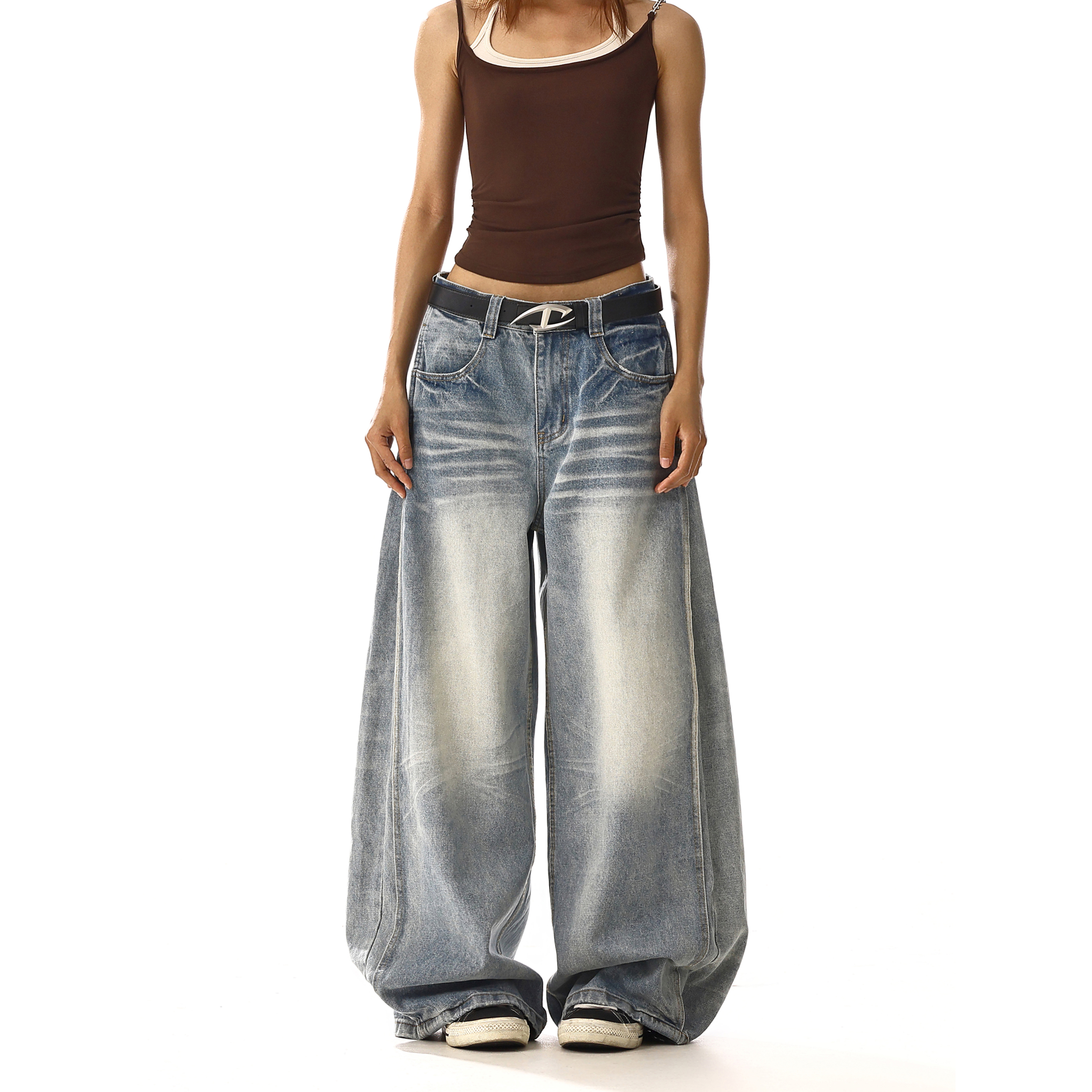 美式复古设计感褶皱牛仔裤