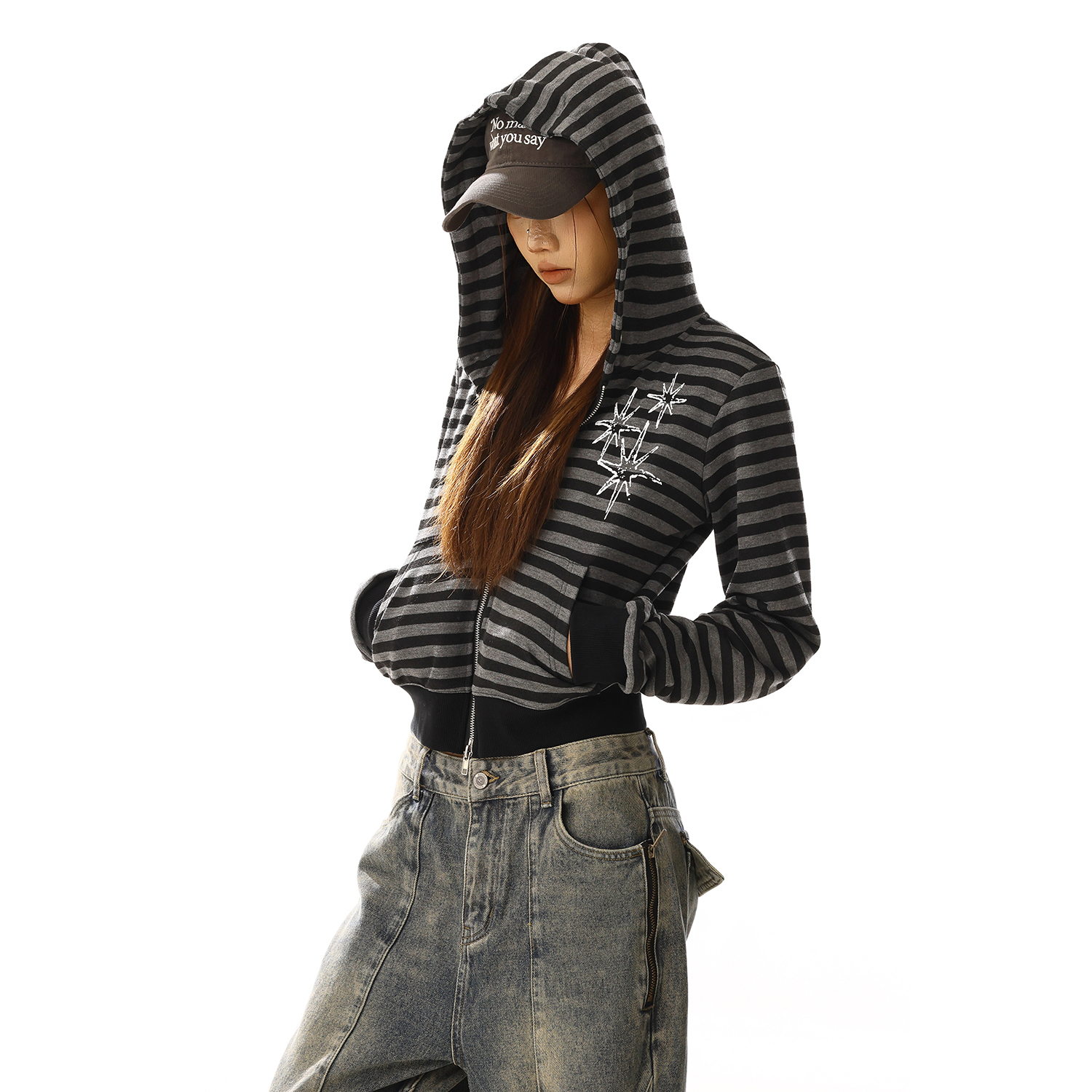 美式复古拉链条纹短款连帽卫衣