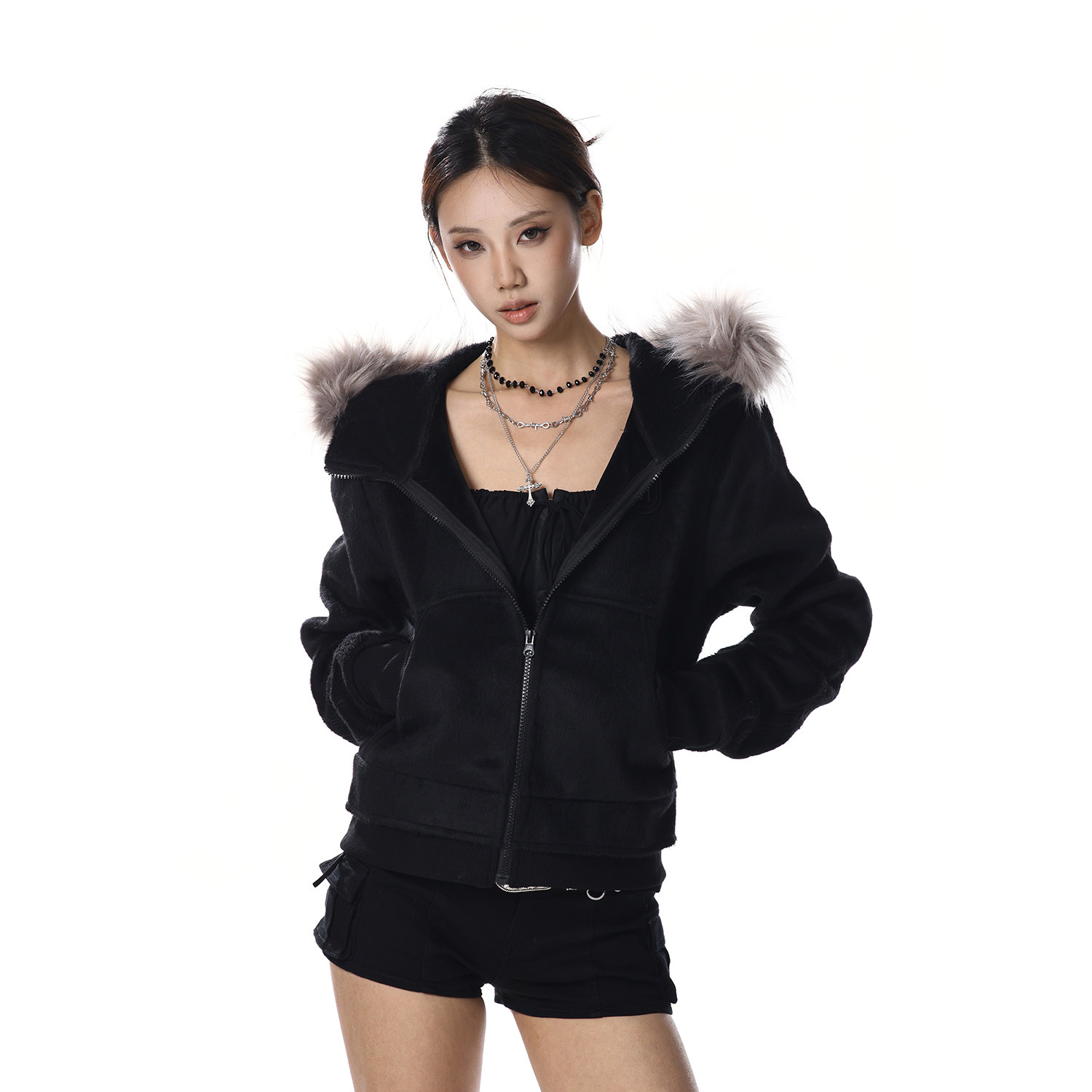 美式复古黑色毛领连帽开衫卫衣女宽松休闲拉链设计感小众外套上衣,女装/女士精品,短外套,淘宝优惠券,粉丝福利购,淘宝优惠卷