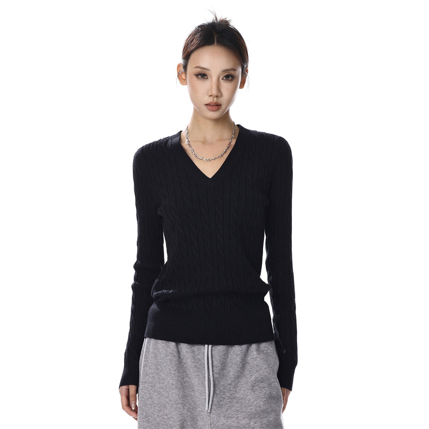 美式复古黑色V领绞花针织衫上衣女内搭纯色长袖修身显瘦百搭毛衣,女装/女士精品,T恤,淘宝优惠券,粉丝福利购,淘宝优惠卷