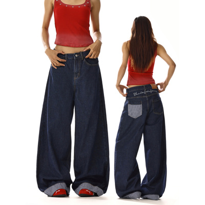 美式复古拼接格子设计感牛仔裤