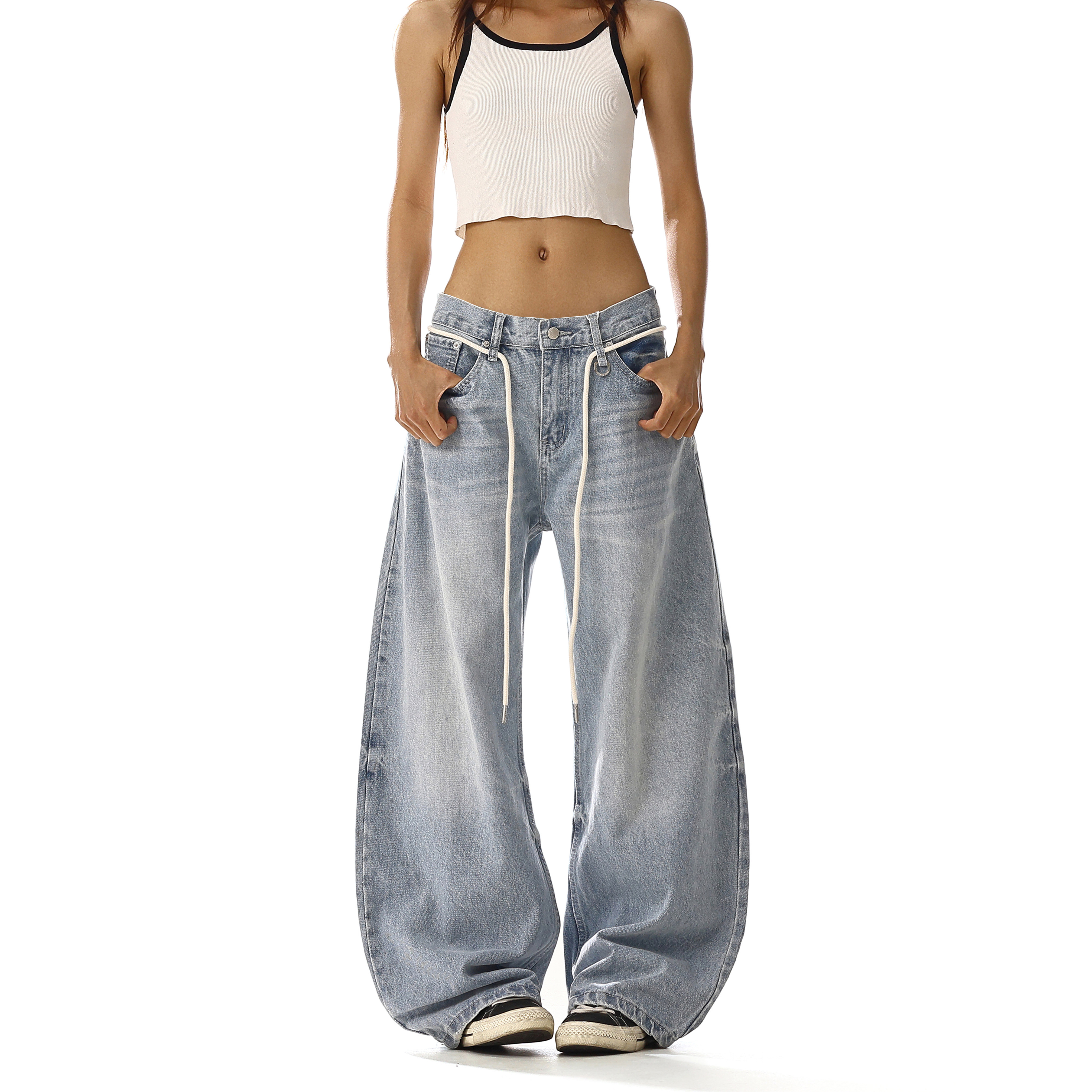 美式复古水洗浅蓝色弯刀牛仔裤男女新款宽松显瘦直筒通勤阔腿裤子,女装/女士精品,牛仔裤,淘宝优惠券,粉丝福利购,淘宝优惠卷