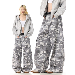 美式复古灰白迷彩水洗弯刀牛仔裤女2025新款潮牌宽松休闲阔腿裤子