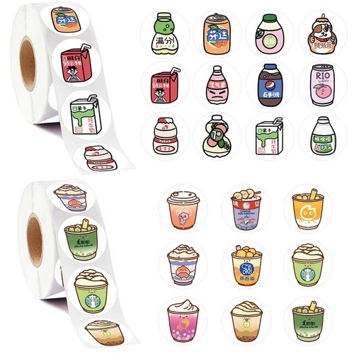 500贴/卷Q版饮料奶茶美食贴纸2.5cm圆形礼品包装装饰圆形小贴画