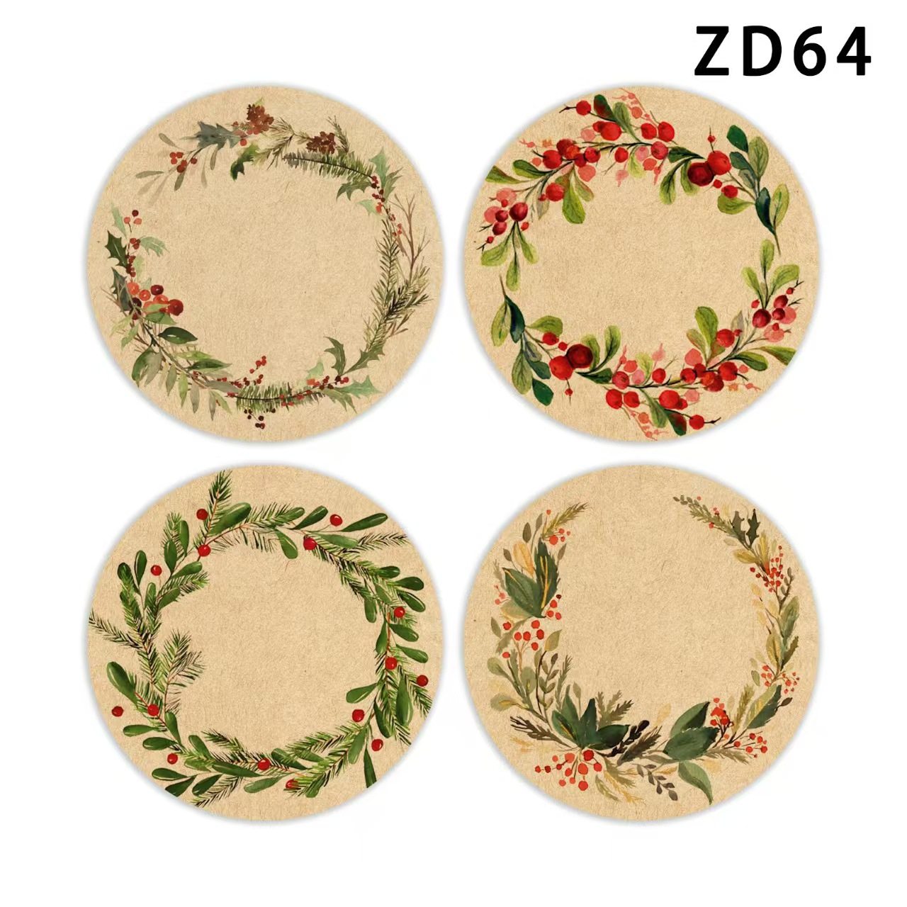 5cm圆形花卉牛皮纸标签4款