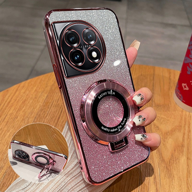 一加Ace2手机壳新款磁吸支架渐变闪粉电镀透明保护套适用OnePlusace2v全包防摔创意高级感简约奢华1+时尚软壳