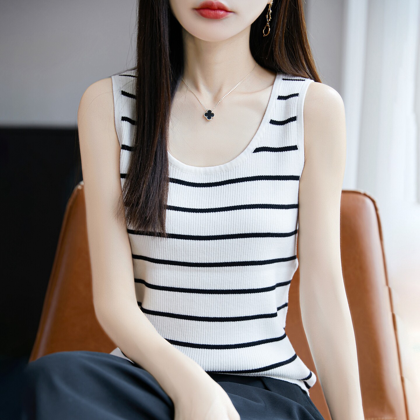 圆领100%纯棉吊带背心女早秋内搭条纹上衣修身显瘦无袖针织打底衫