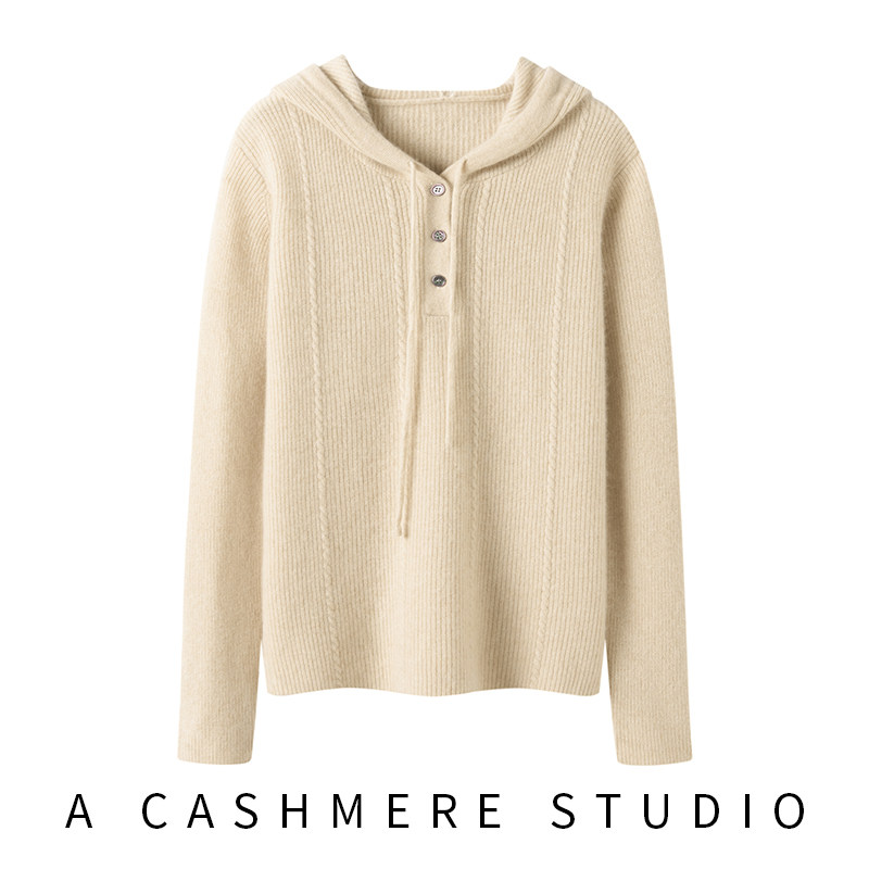 不可方物！连帽羊绒衫秋冬季元宝针加厚针织衫女士纯色法式打底衫