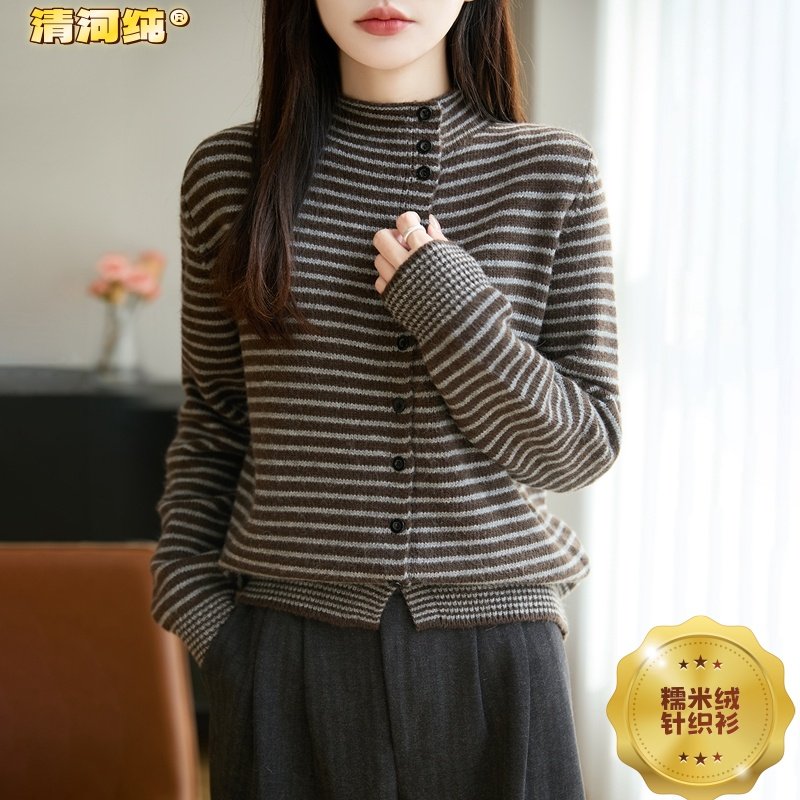 糯米绒条纹半高领针织开衫女秋冬季新款显瘦斜襟内搭打底毛衣外套,女装/女士精品,毛针织衫,淘宝优惠券,粉丝福利购,淘宝优惠卷