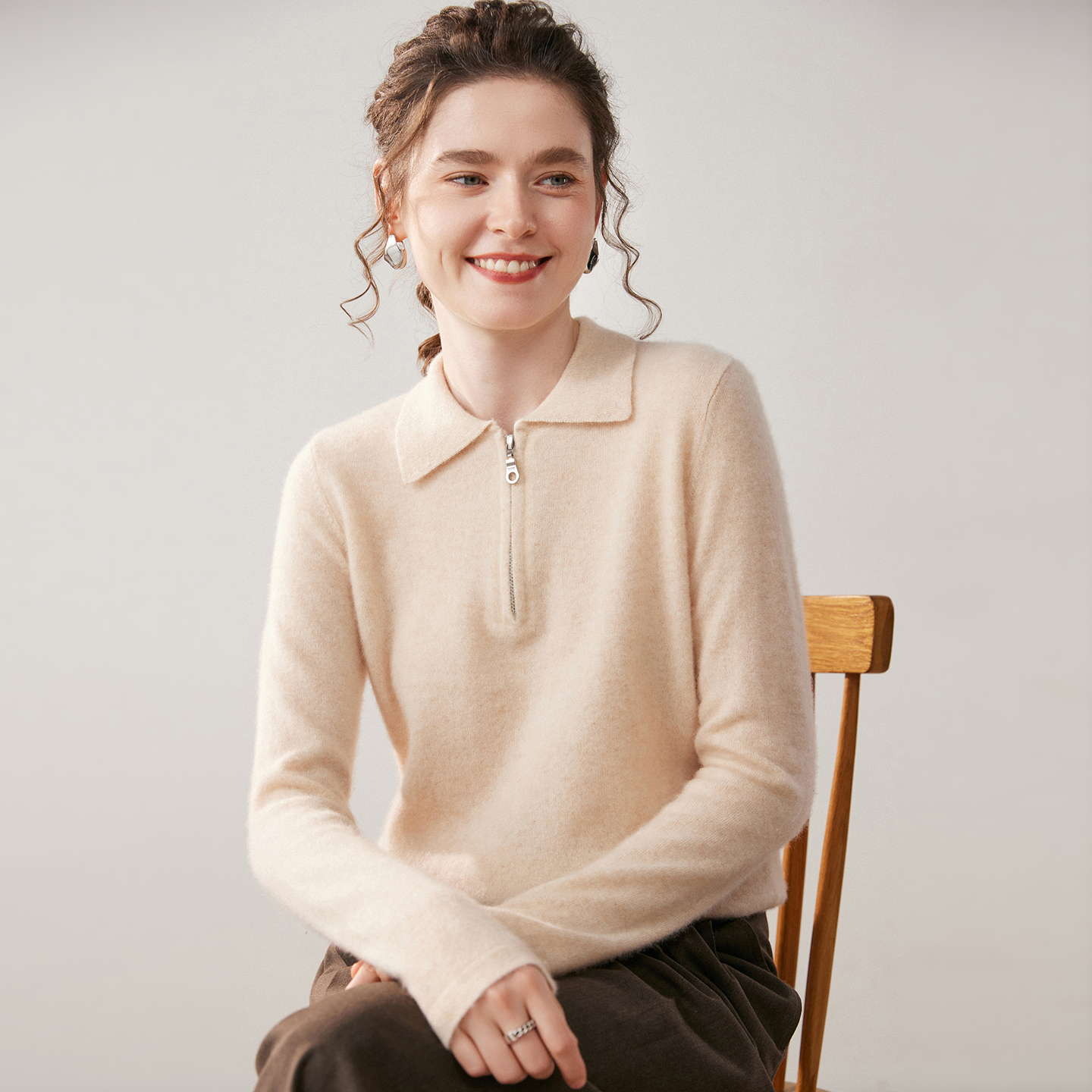 清河纯半开拉链Polo领羊绒衫女秋冬季保暖套头毛衣修身针织打底衫