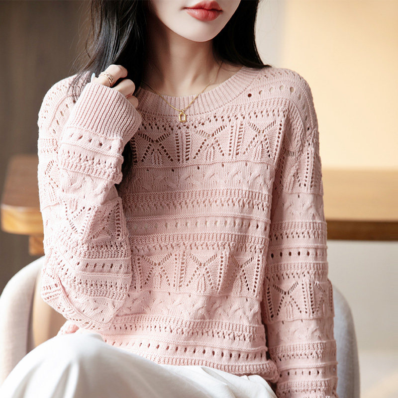 圆领100%纯棉毛衣女春季薄款套头镂空长袖上衣宽松显瘦外穿针织衫