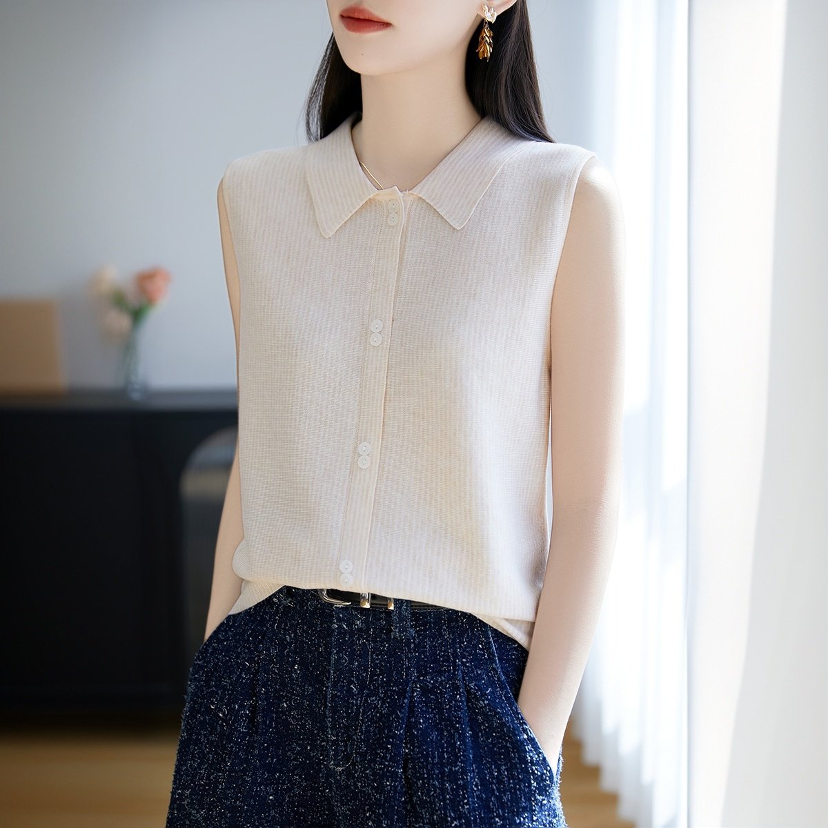 夏季薄款Polo领针织开衫女无袖外穿条纹上衣宽松显瘦时尚百搭衬衫