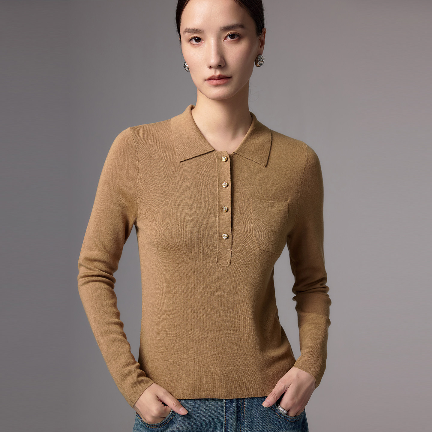 可机洗Polo领精纺羊毛衫女秋冬