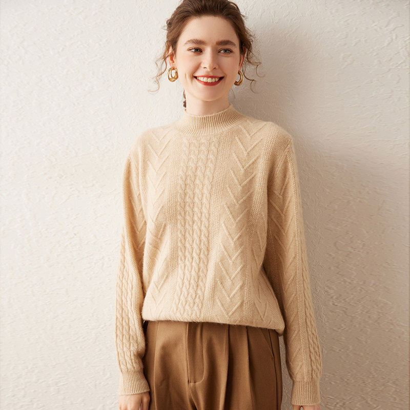 超高气场！半高领羊绒衫秋冬季新款绞花加厚套头毛衣女洋气针织衫