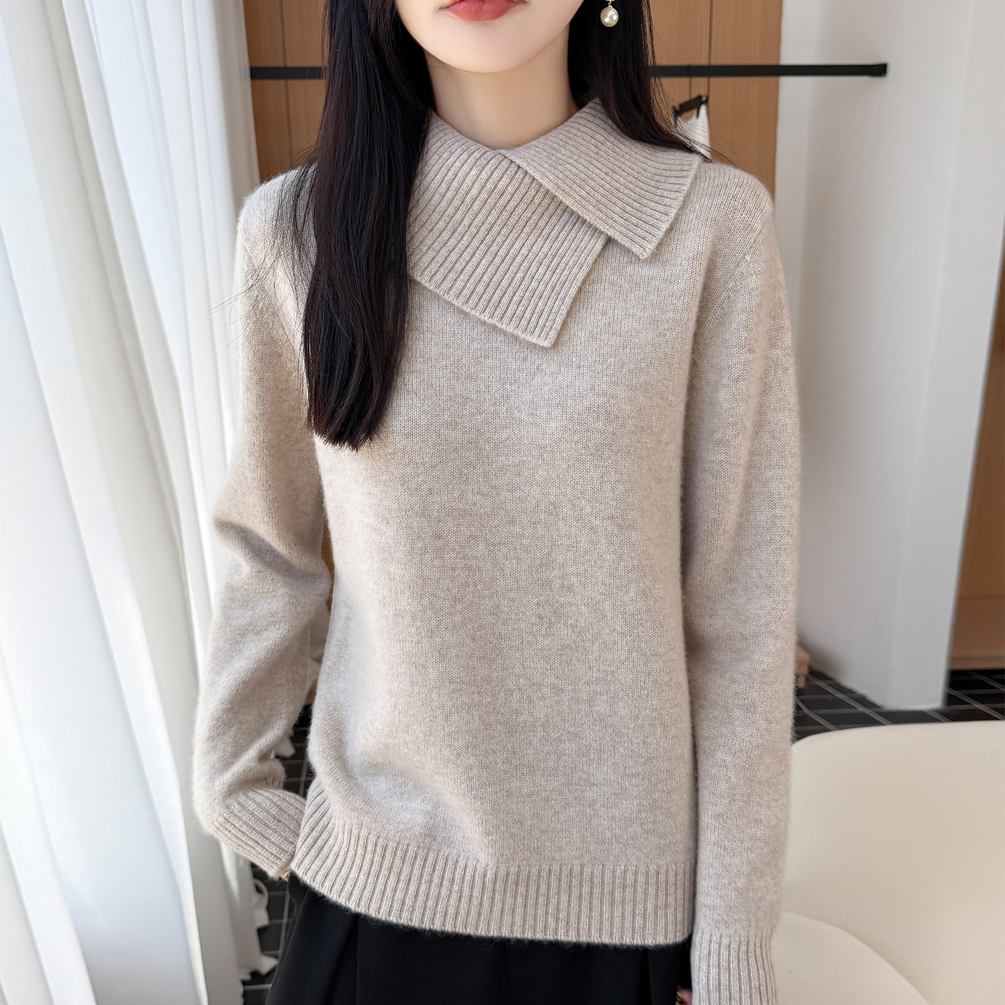 清河纯羊毛大翻领秋冬女打底衫