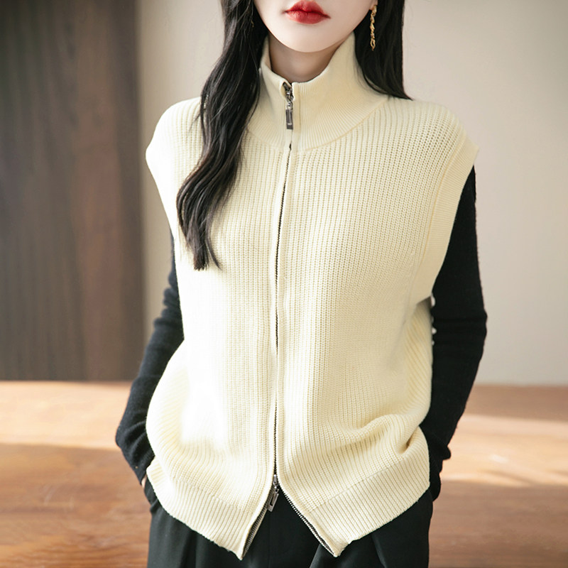 半高领拉链纯棉开衫马甲女春秋季外穿无袖上衣宽松显瘦针织衫坎肩