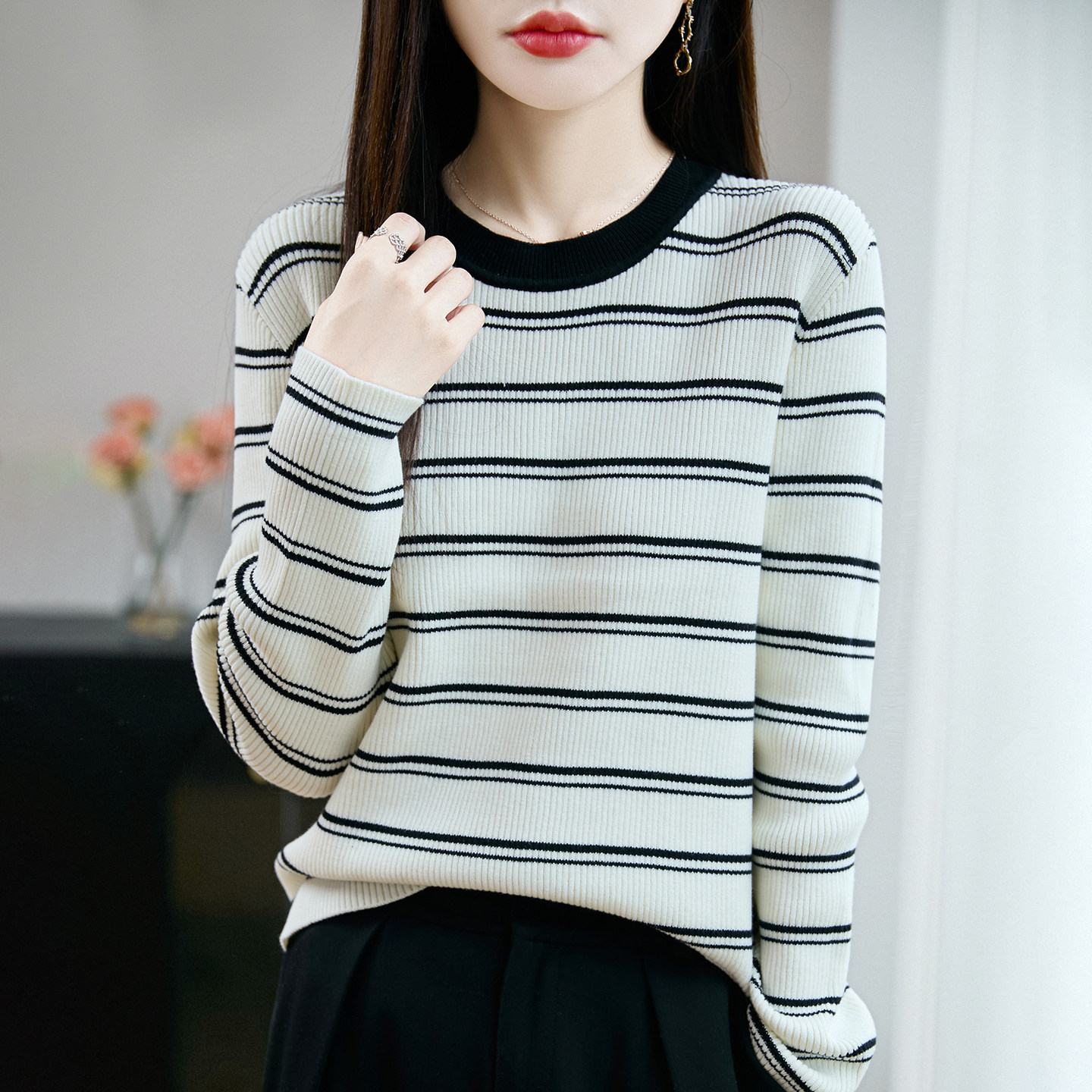 圆领100%纯棉针织衫女早秋季外穿长袖条纹上衣修身显瘦内搭打底衫