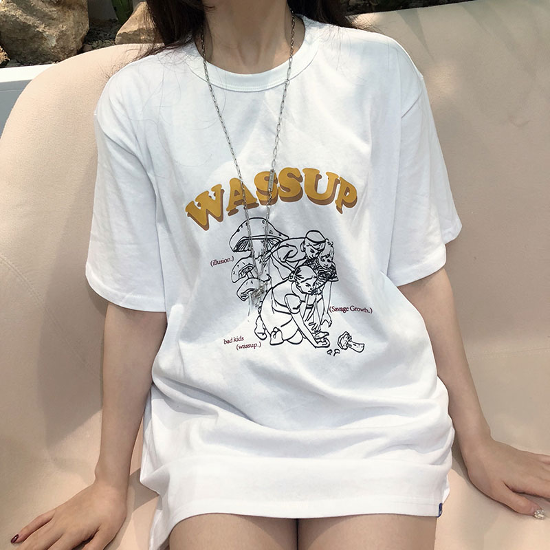 WASSUP2019春夏采蘑菇圆领基础印花短袖男女情侣宽松t恤衫tee半袖