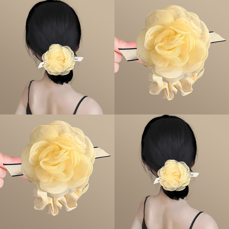 玫瑰黄！玫瑰花瓣花朵抓夹温柔蝴蝶结飘带马尾绳丸子头女旅行发卡