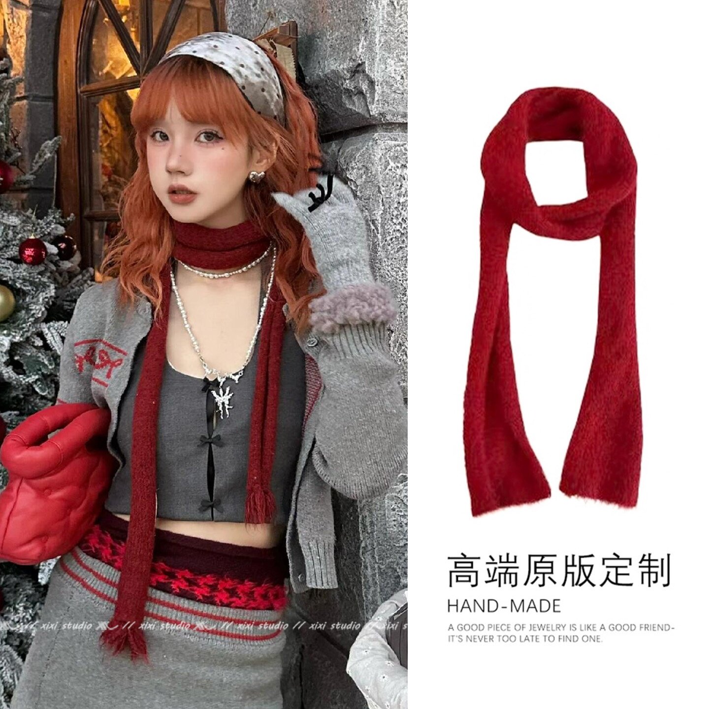 圣诞节氛围感红色马海毛细长围巾辣妹穿搭时髦长条百搭针织围脖女