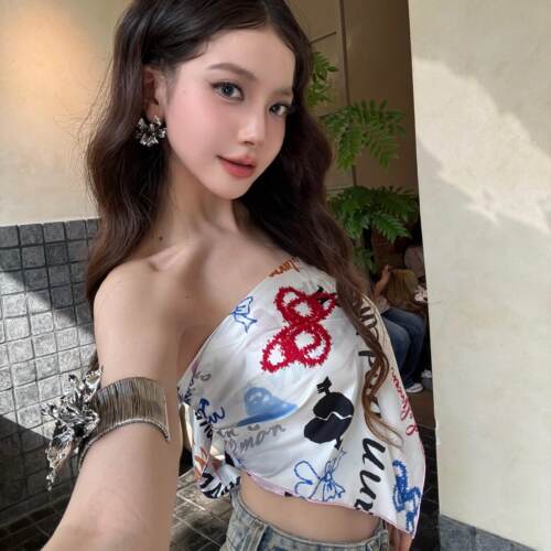 露背绑带涂鸦设计印花抹胸丝巾