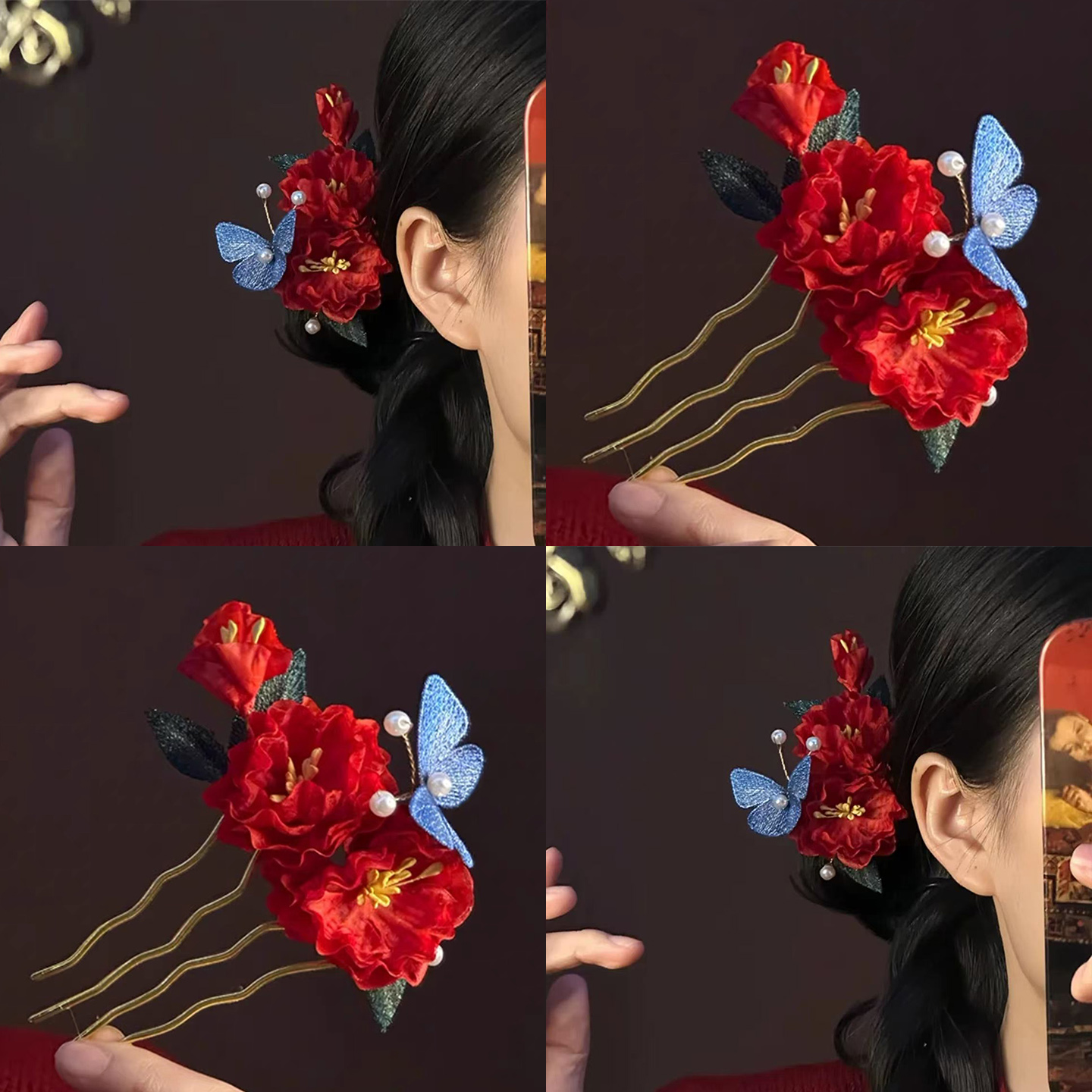 花开时！超仙红色花朵发簪