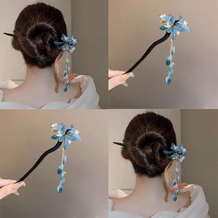 嫣然如梦！蓝色花朵木质发簪！古典旗袍后脑勺盘发簪古风中式发饰