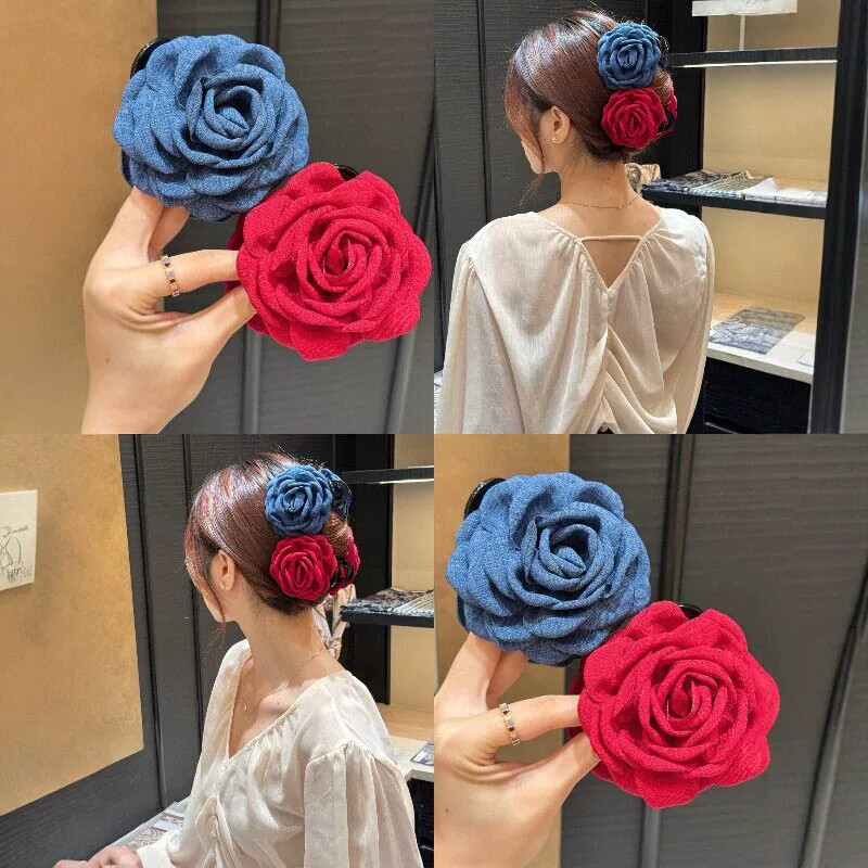 氛围感玫瑰抓夹红蓝撞色花朵发抓