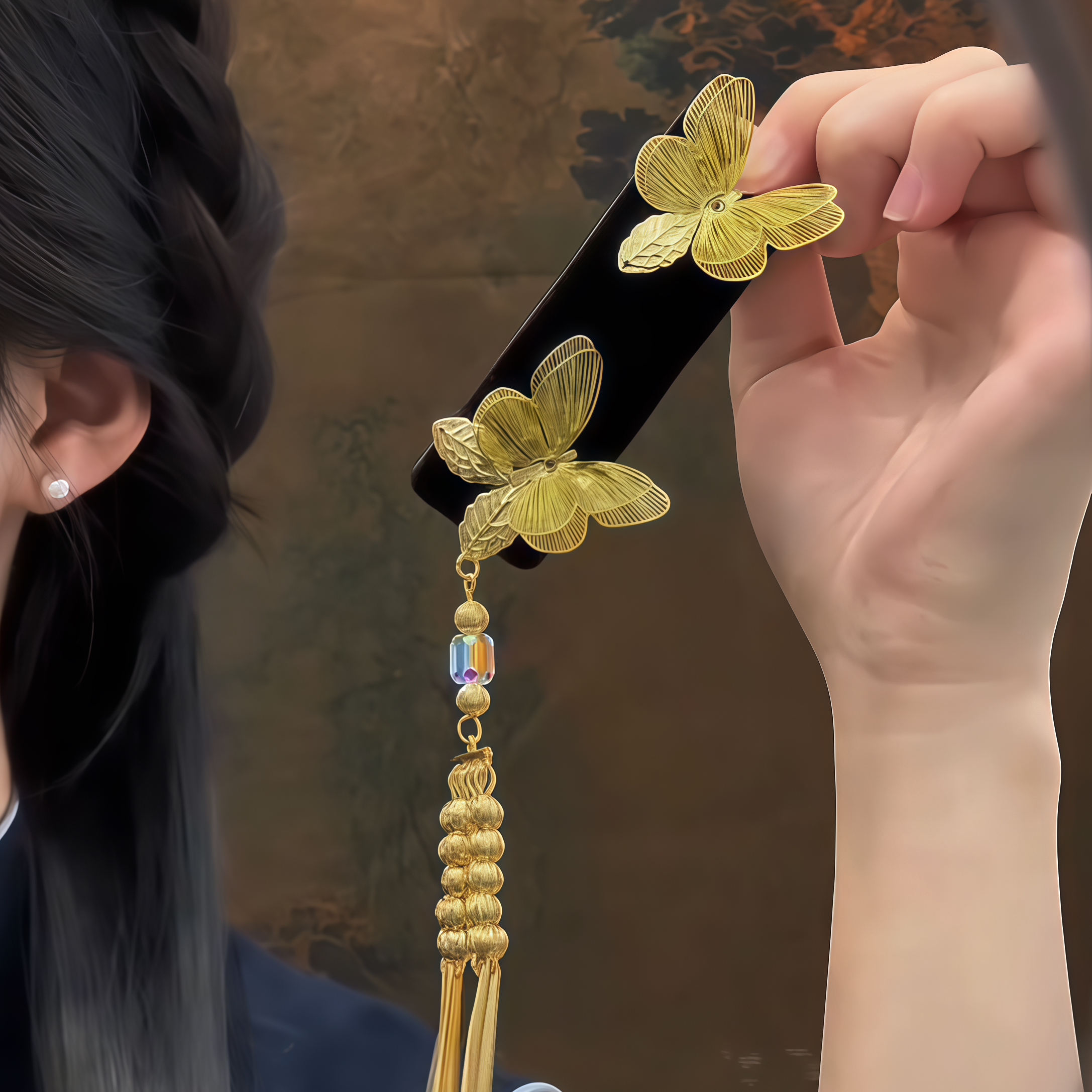 金楼阁!金色蝴蝶串珠流苏发卡