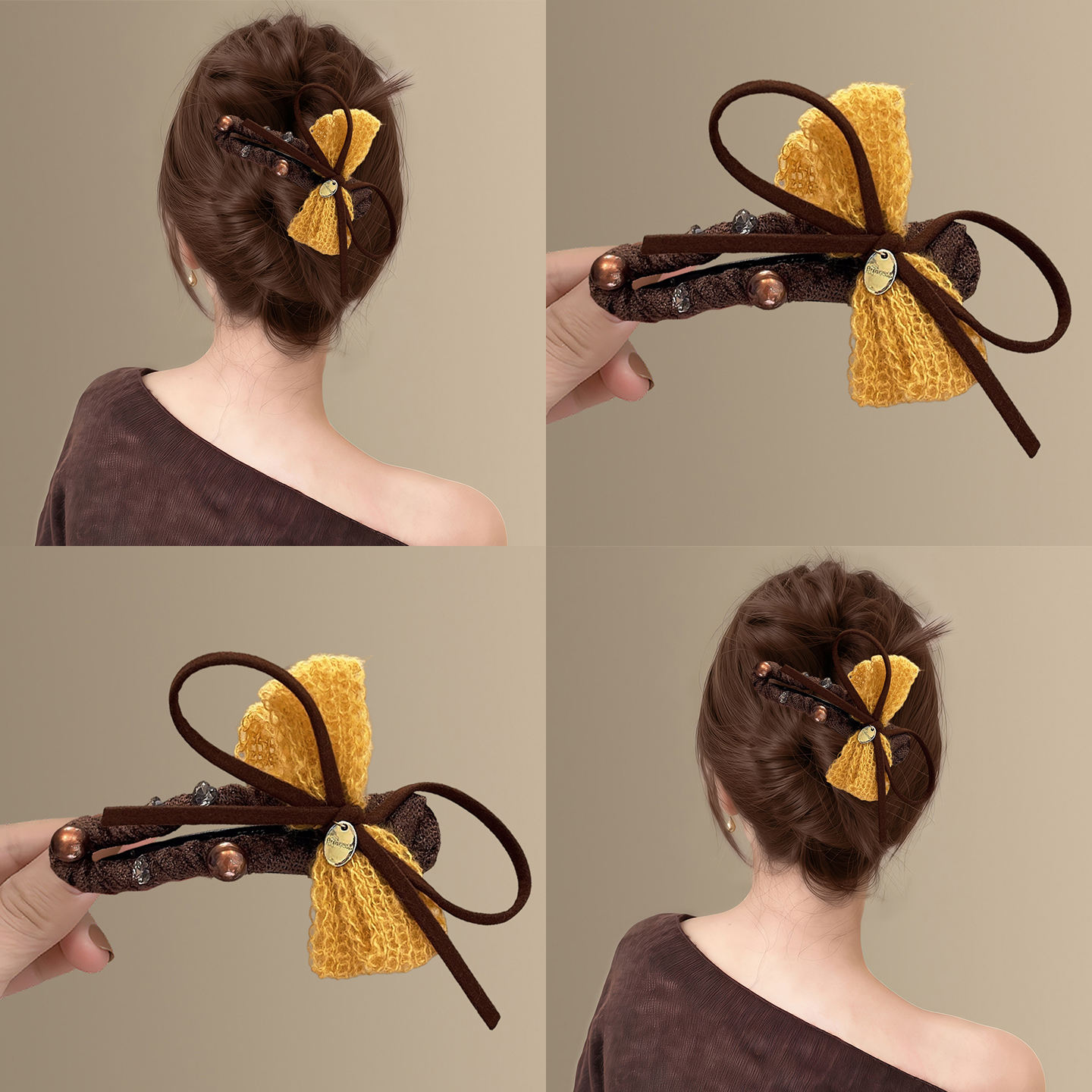 黄色针织蝴蝶结大号鸭嘴夹