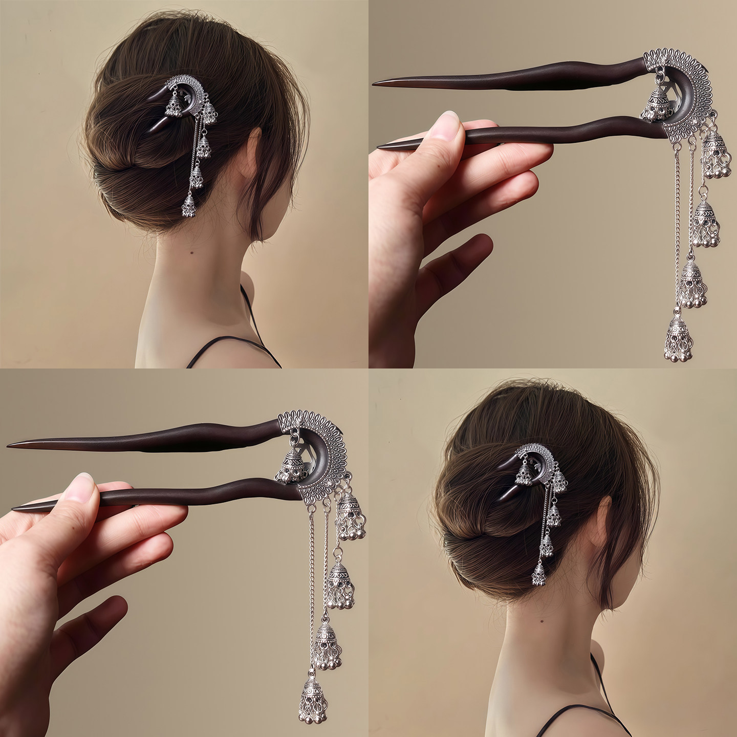 民族风苗疆铃铛流苏u型发簪设计感后脑勺黑檀木发簪发钗发饰拎环
