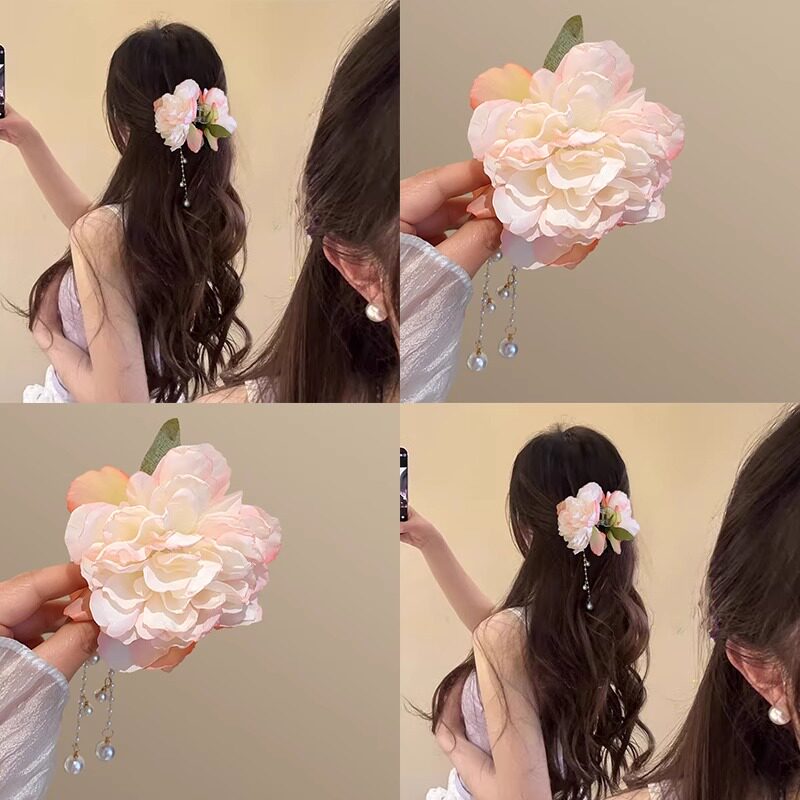 【設計師原創】花朵珍珠流蘇發夾