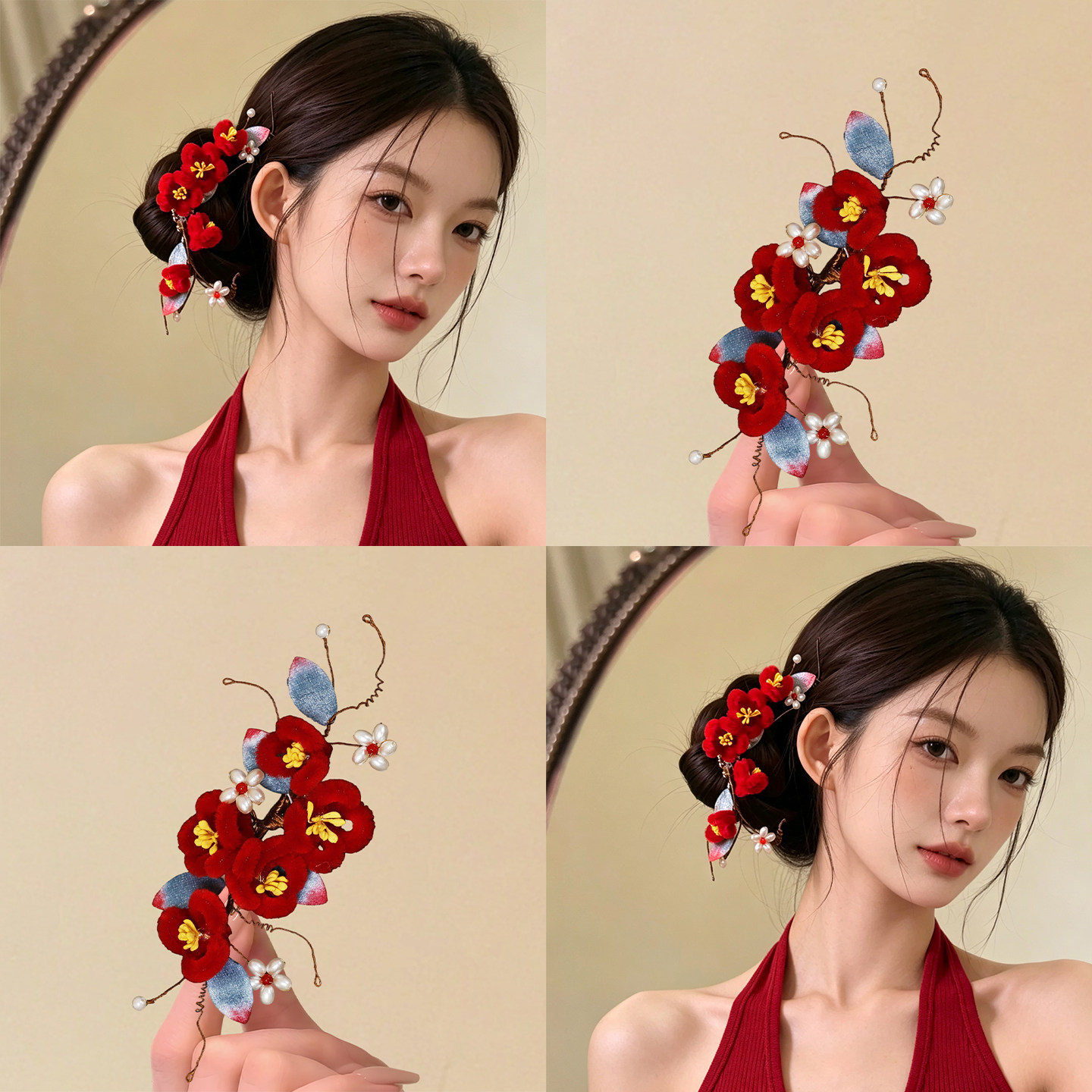 芳华灼艳~国风红色仿绒花发卡