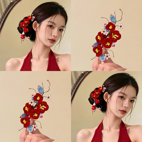 芳华灼艳~国风红色仿绒花发卡