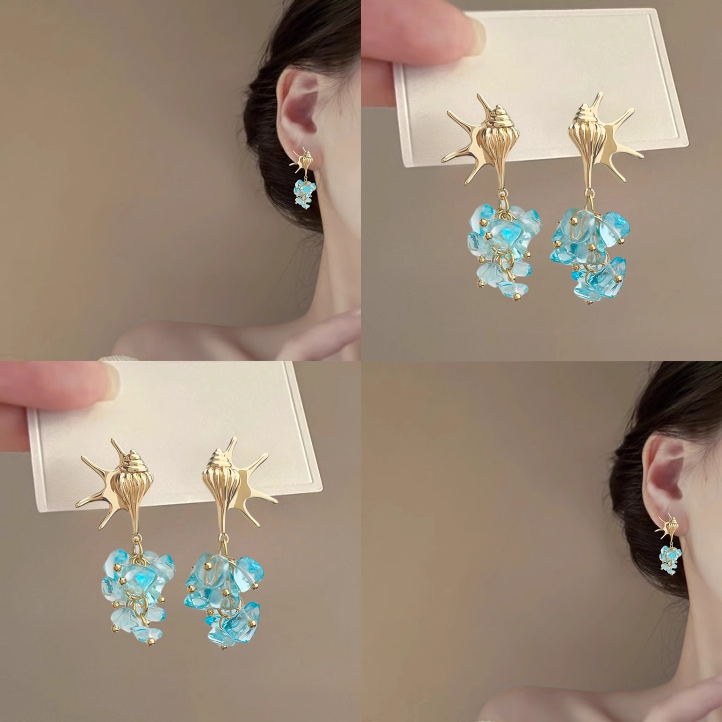 海洋晚風藍色小海星串珠流蘇耳飾