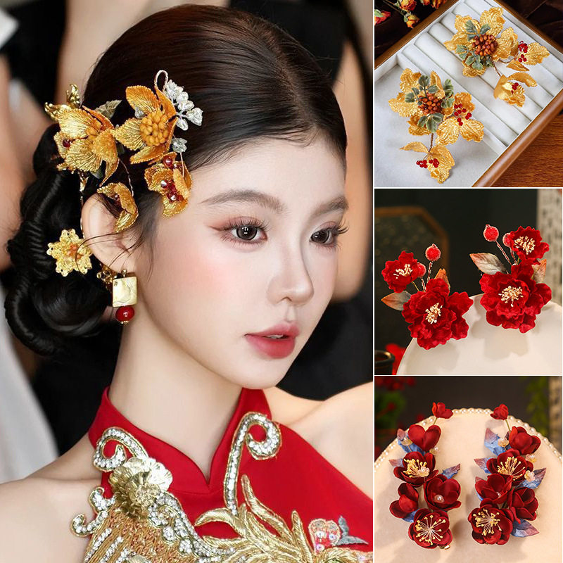 十里红妆!国风金色花朵侧边发饰