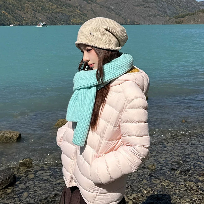 湖蓝色粗毛线针织围巾长款围脖