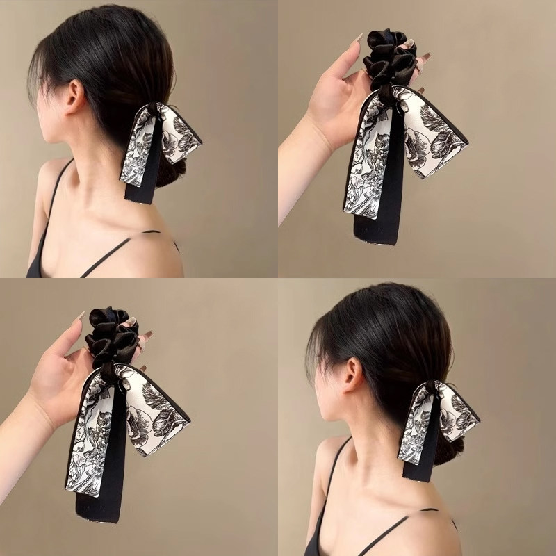 飄帶牡丹發圈緞面蝴蝶結發飾