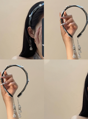 柏林念曲！新中式清冷风蓝色碎钻发箍银色流苏发饰高颅顶旅行发卡