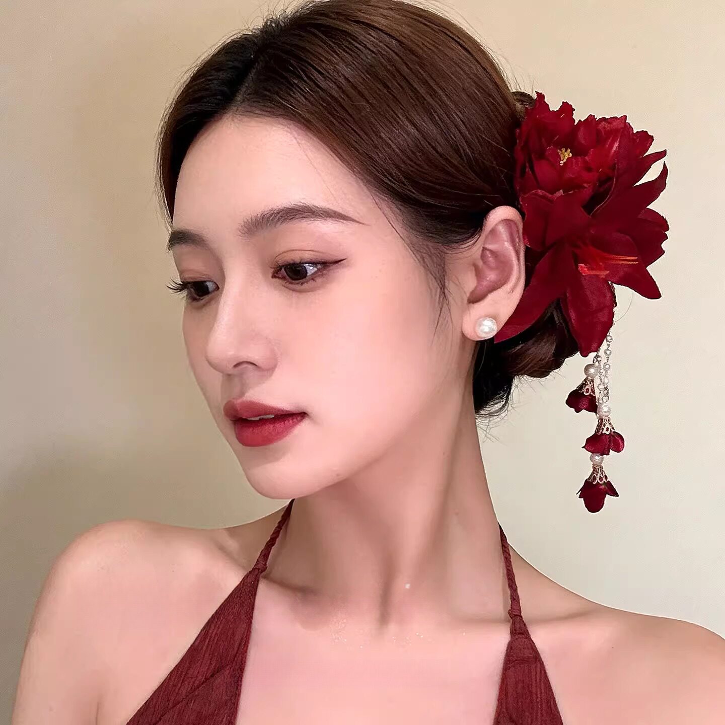 新中式红色花朵流苏发夹头花发饰